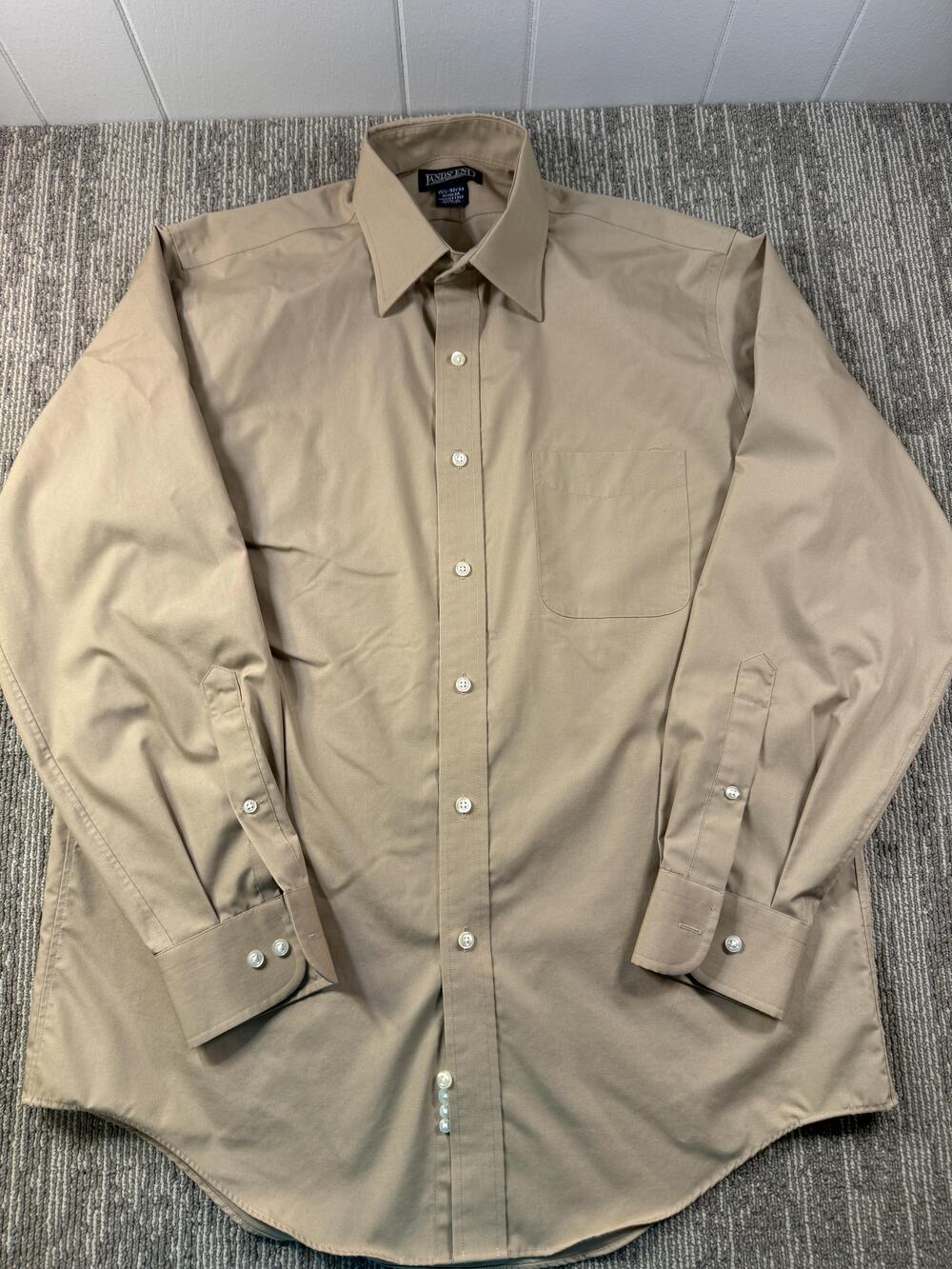 Lands' End Dress Shirt Mens 15.5 32/33 Beige Solid Regular Fit Wrinkle Free LS